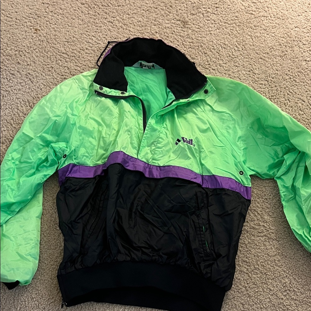 K-Way Neon Green and Black Jacket with Purple Trim